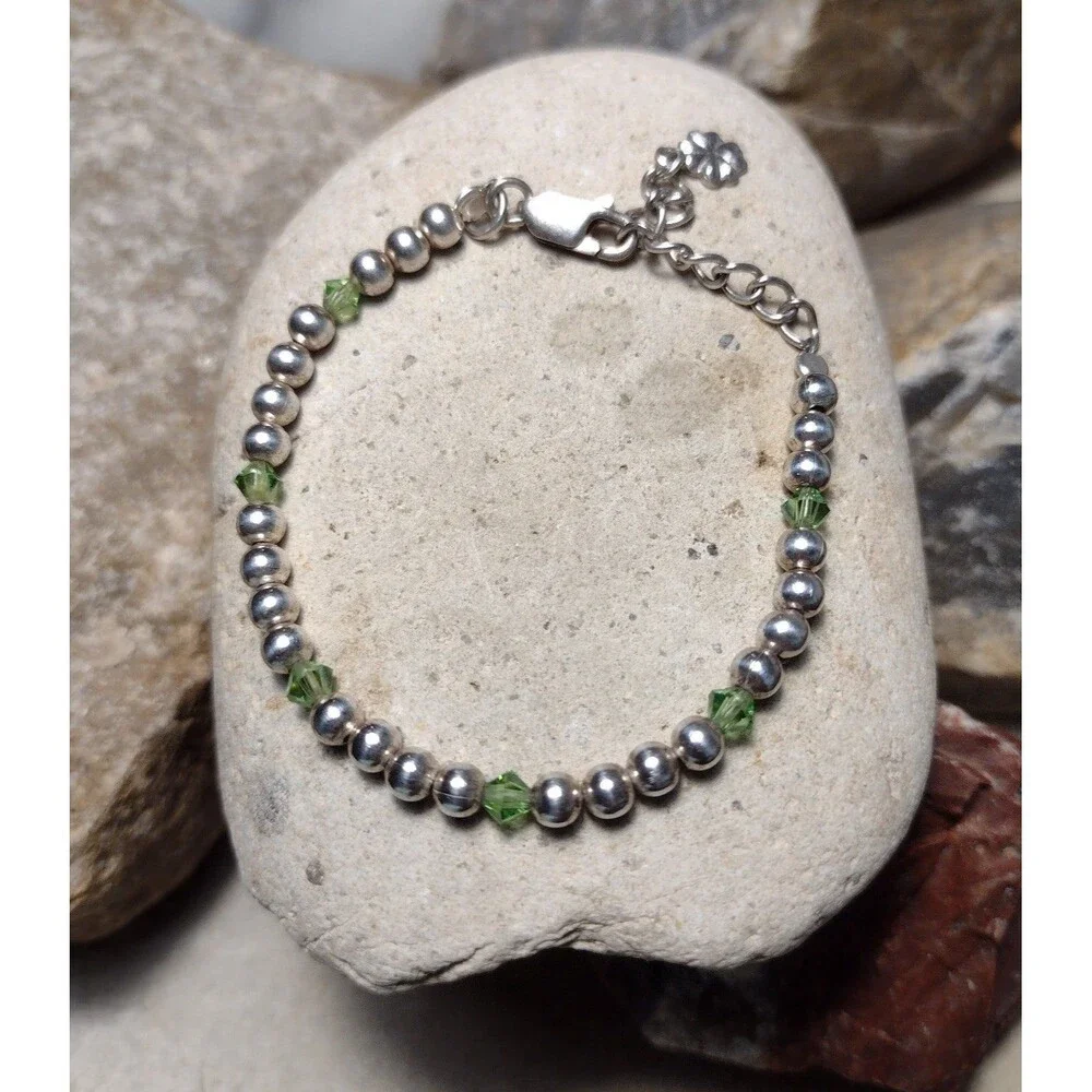 Sterling Silver .925 Green Crystal Beaded Shamrock Charm Bracelet Irish